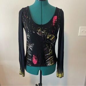 Y2K Paint Splatter Scoop Neck Emo Scene Slinky Tee Size small Cartise